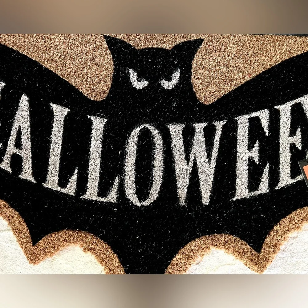 NWT Halloween Bat Shaped Doormat Natural Coir Mat Black Brown Goth Vampire Bat